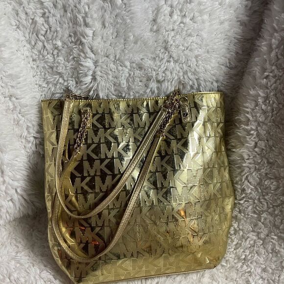 MICHAEL KORS LEATHER MEDIUM TOTE BAG GOLD COLOR MONOGRAM - Picture 5 of 15